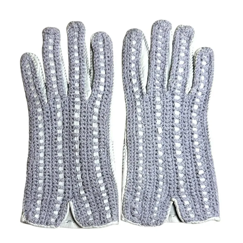 Vintage Light Gray Leather & Gray Lavender Crochet Driving Gloves Size 7.5